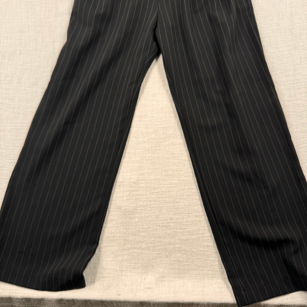 Black Pinstripe Strapless Wide Leg Jumpsuit with Belted Waist Smocked Back Sze S - Picture 4 of 11